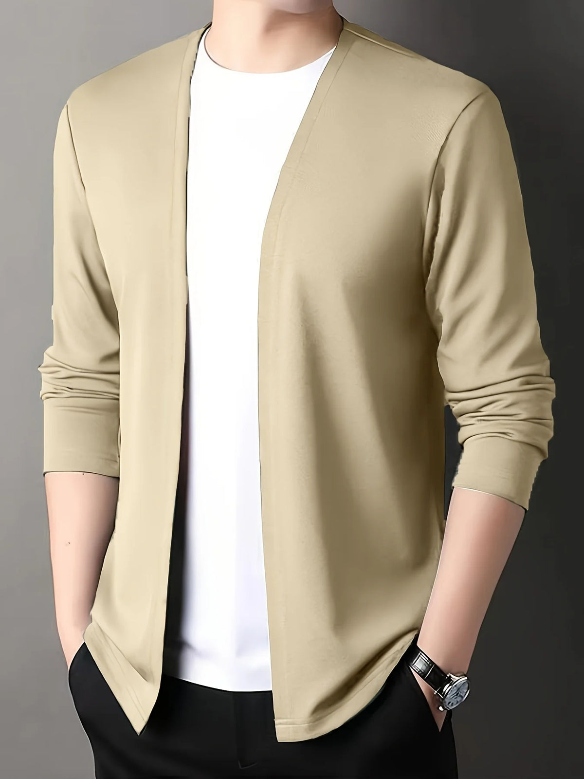 Men's beige slim fit knit cardigan for chilly autumn and winter days