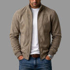 Men's beige cropped suede bomber jacket for autumn and winter layering