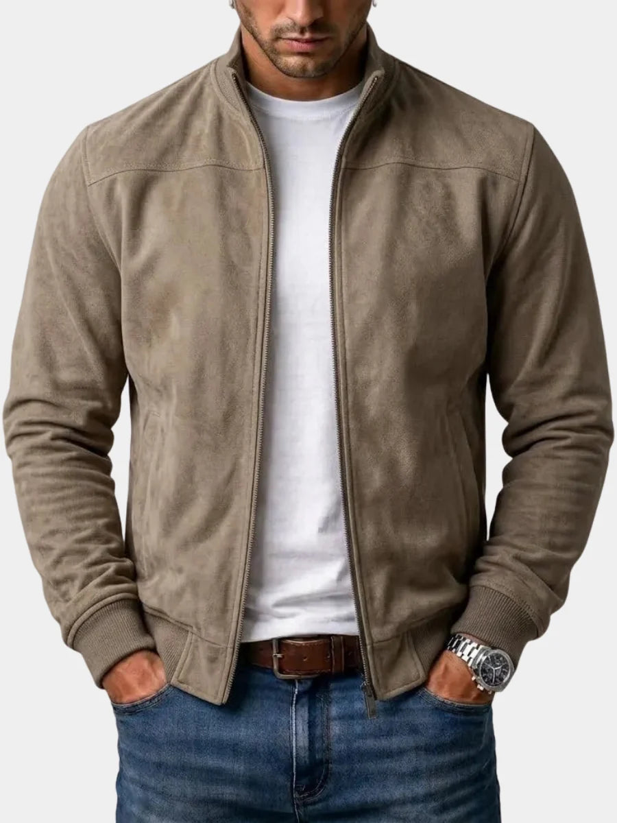 Men's beige cropped suede bomber jacket for autumn and winter layering