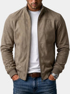 Men's beige cropped suede bomber jacket for autumn and winter layering