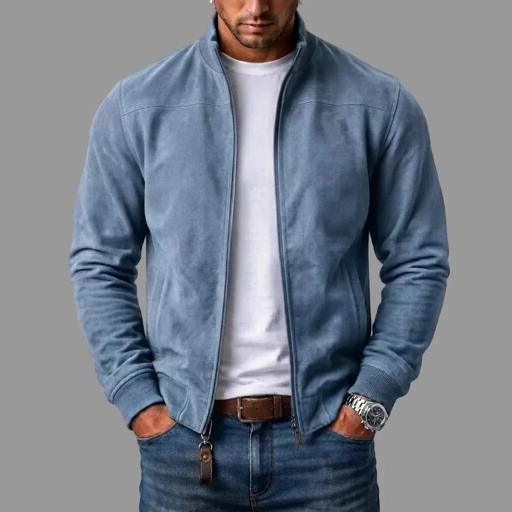 Men's blue cropped suede bomber jacket for autumn and winter layering