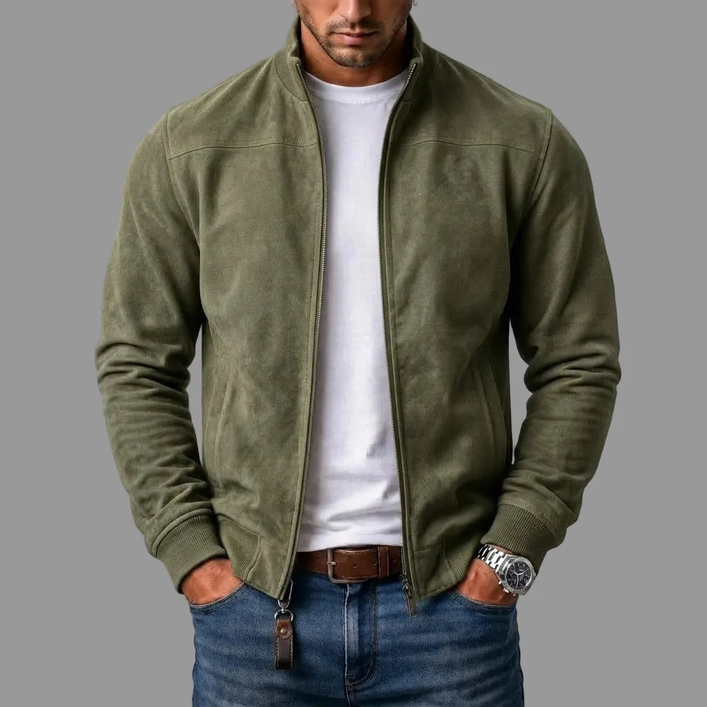 Men's green cropped suede bomber jacket for autumn and winter layering