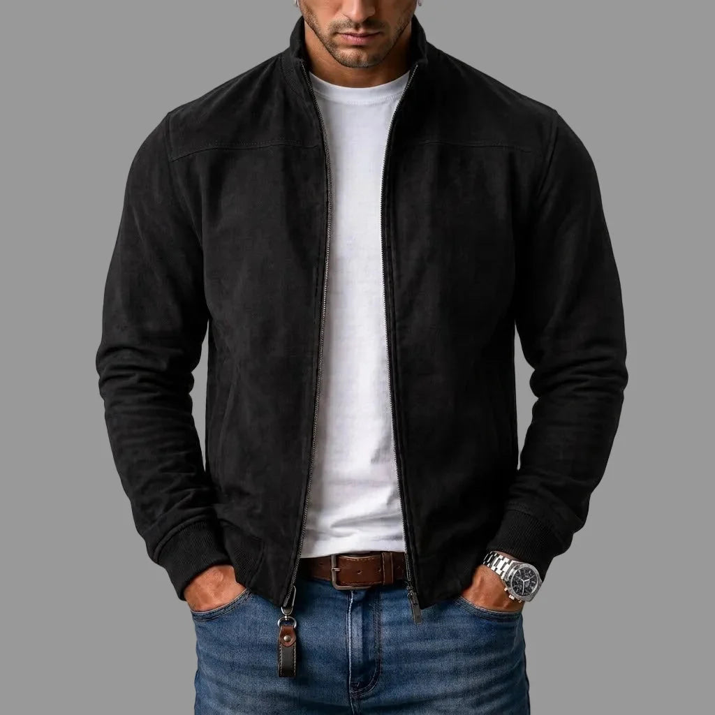 Men's black cropped suede bomber jacket for autumn and winter layering