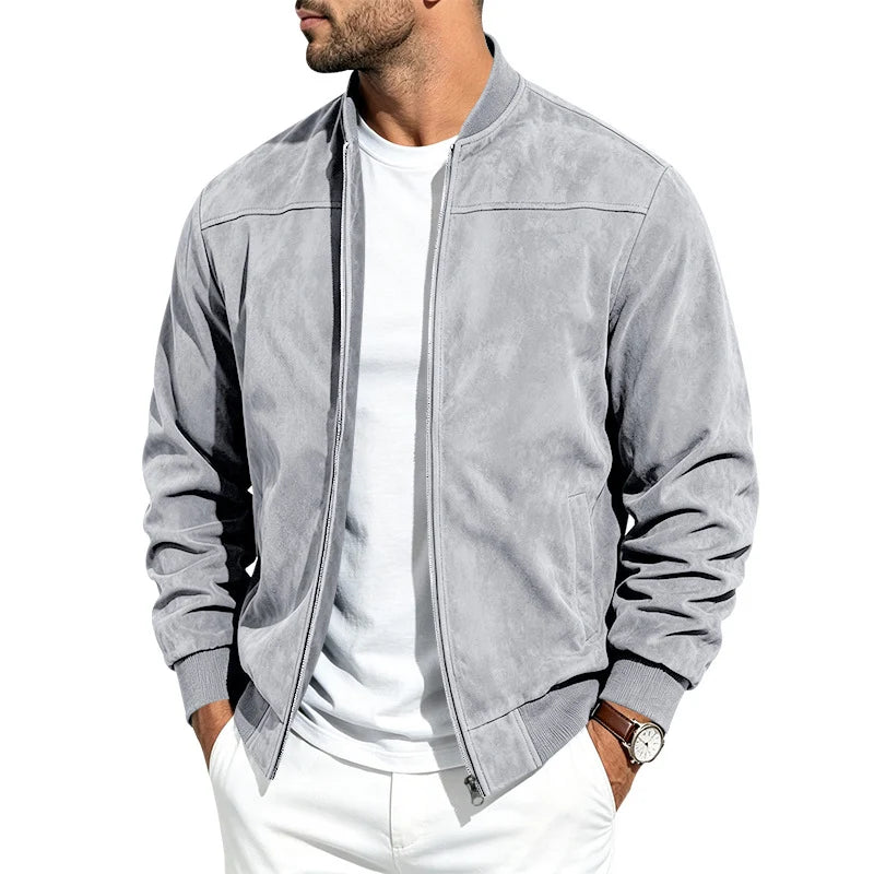 Men's light grey cropped suede bomber jacket for autumn and winter layering
