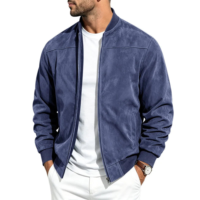 Men's navy blue cropped suede bomber jacket for autumn and winter layering