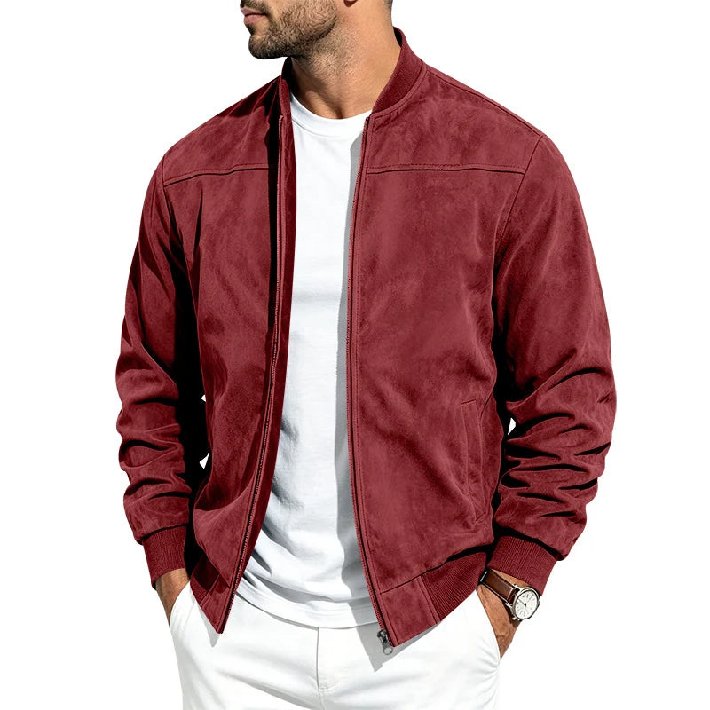 Men's red cropped suede bomber jacket for autumn and winter layering