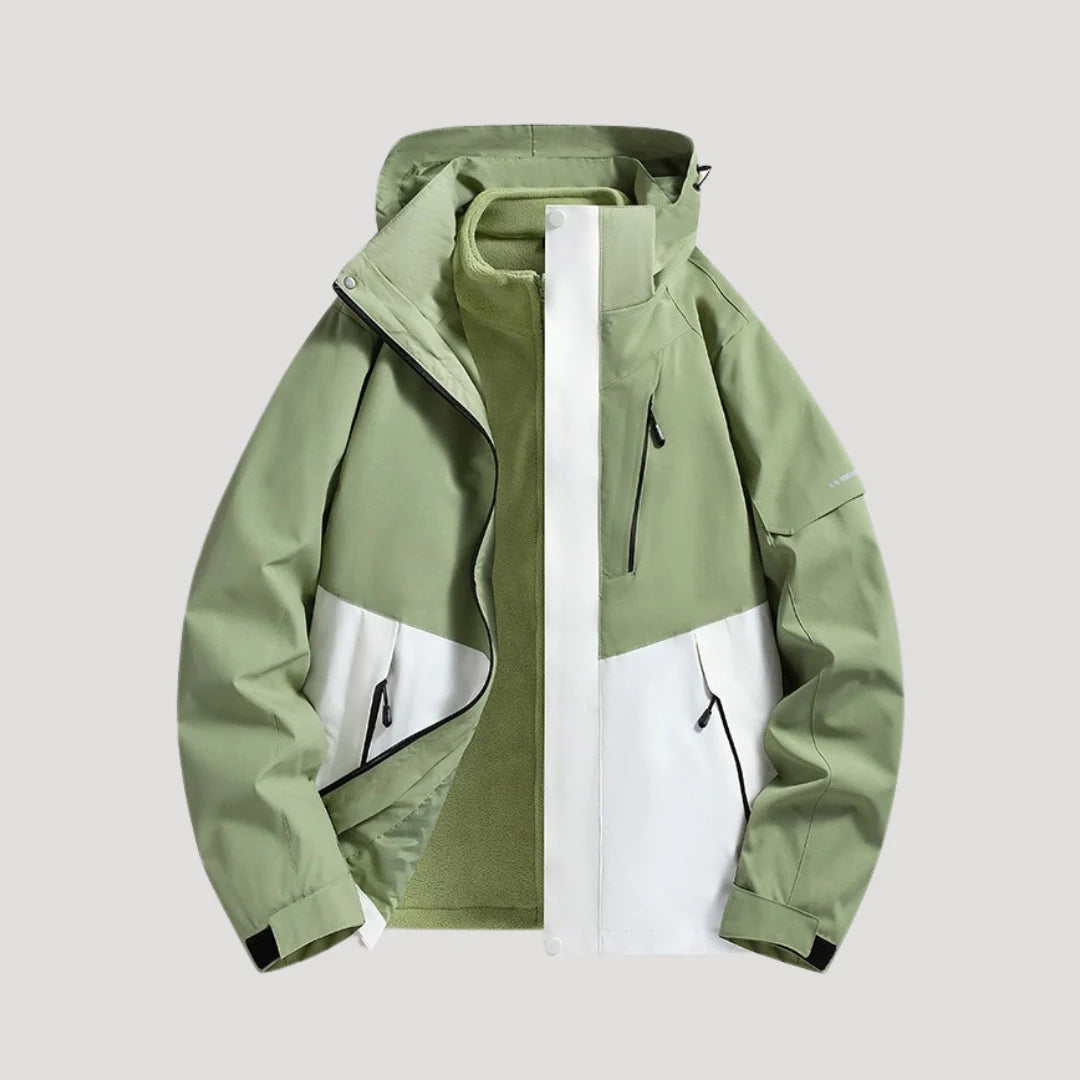 Women's green waterproof hooded outdoor jacket for autumn and winter
