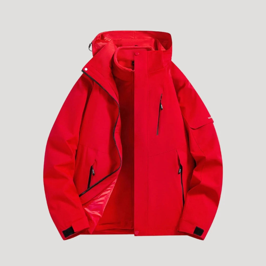 Women's red waterproof hooded outdoor jacket for autumn and winter