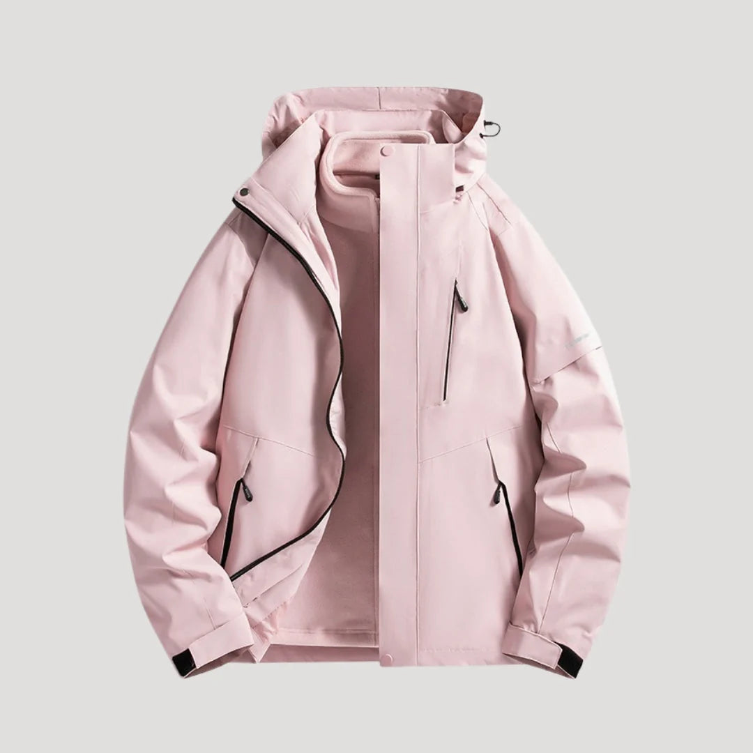 Women's pink waterproof hooded outdoor jacket for autumn and winter