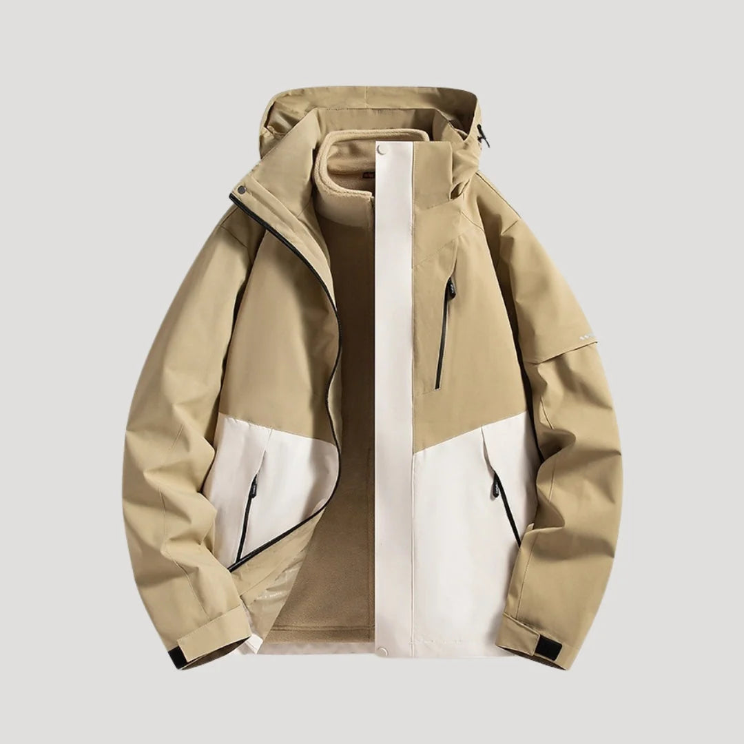 Women's beige waterproof hooded outdoor jacket for autumn and winter
