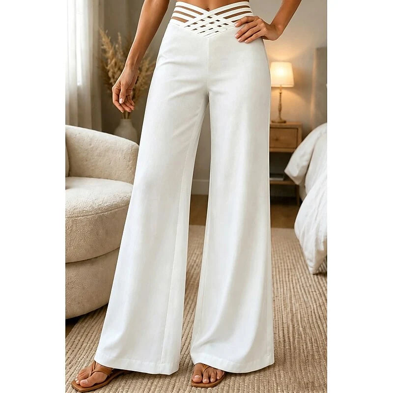 Women's white high-waisted wide-leg trousers