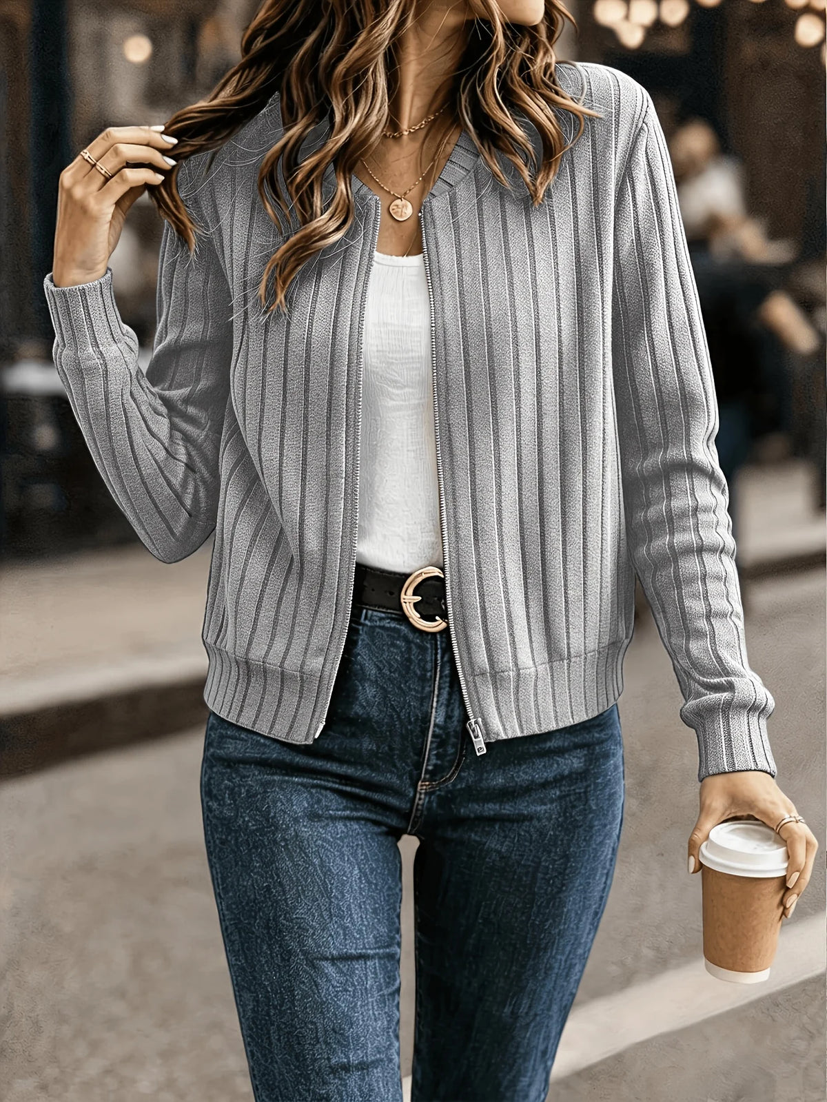 Women's black refined ribbed zip-up jacket for everyday winter wear