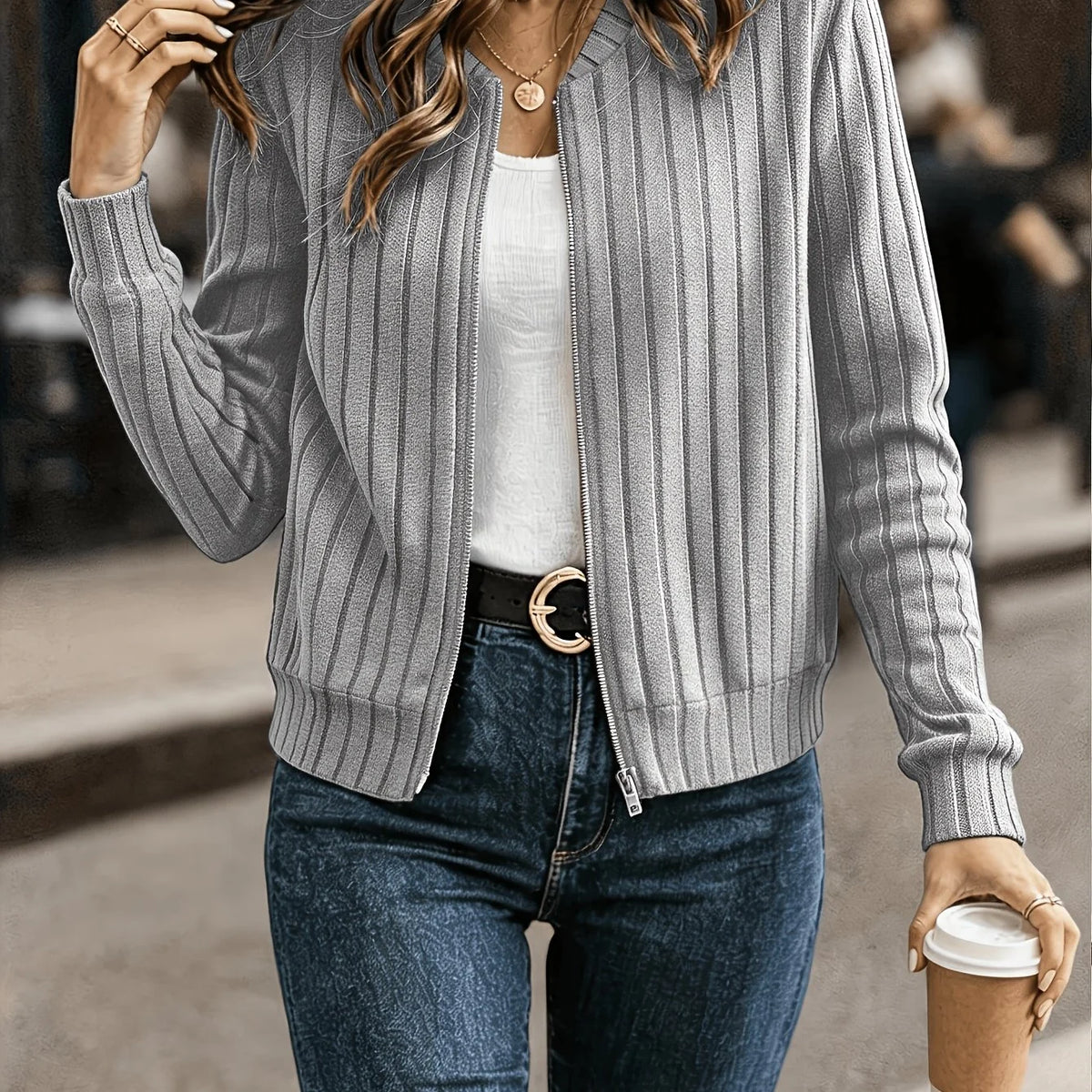 Women's dark grey refined ribbed zip-up jacket for everyday winter wear