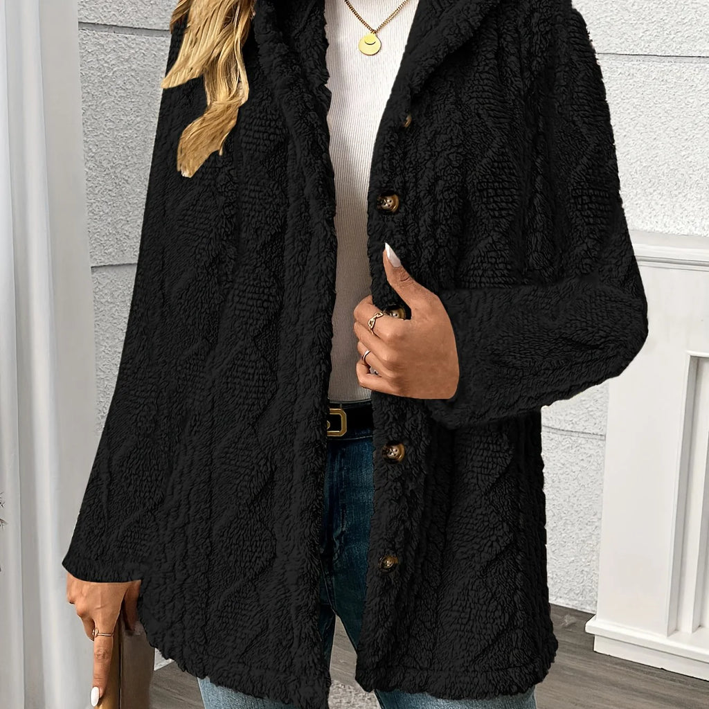 Women's black textured hooded jacket for chilly autumn and winter days