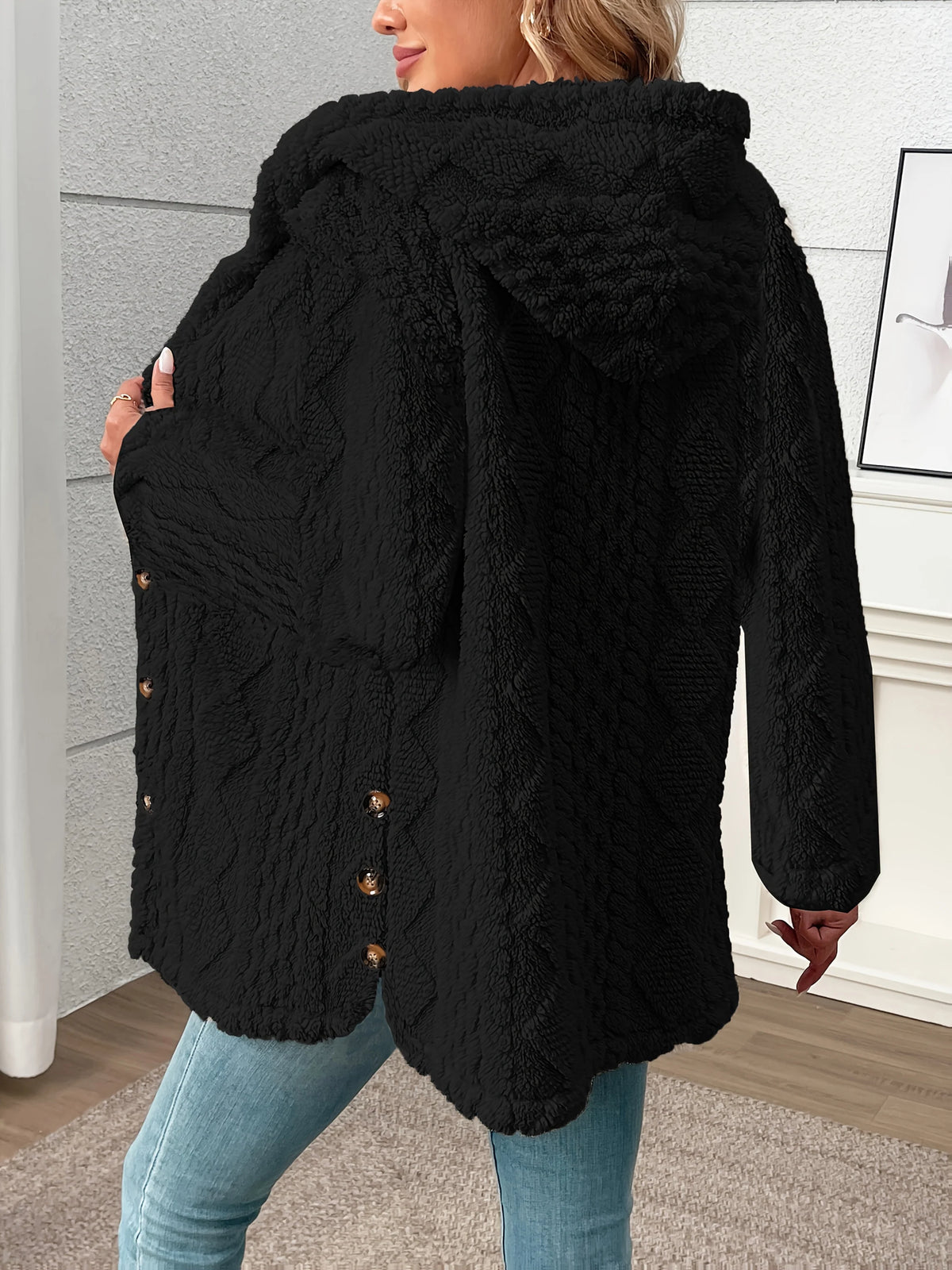 Women's black textured hooded jacket for chilly autumn and winter days