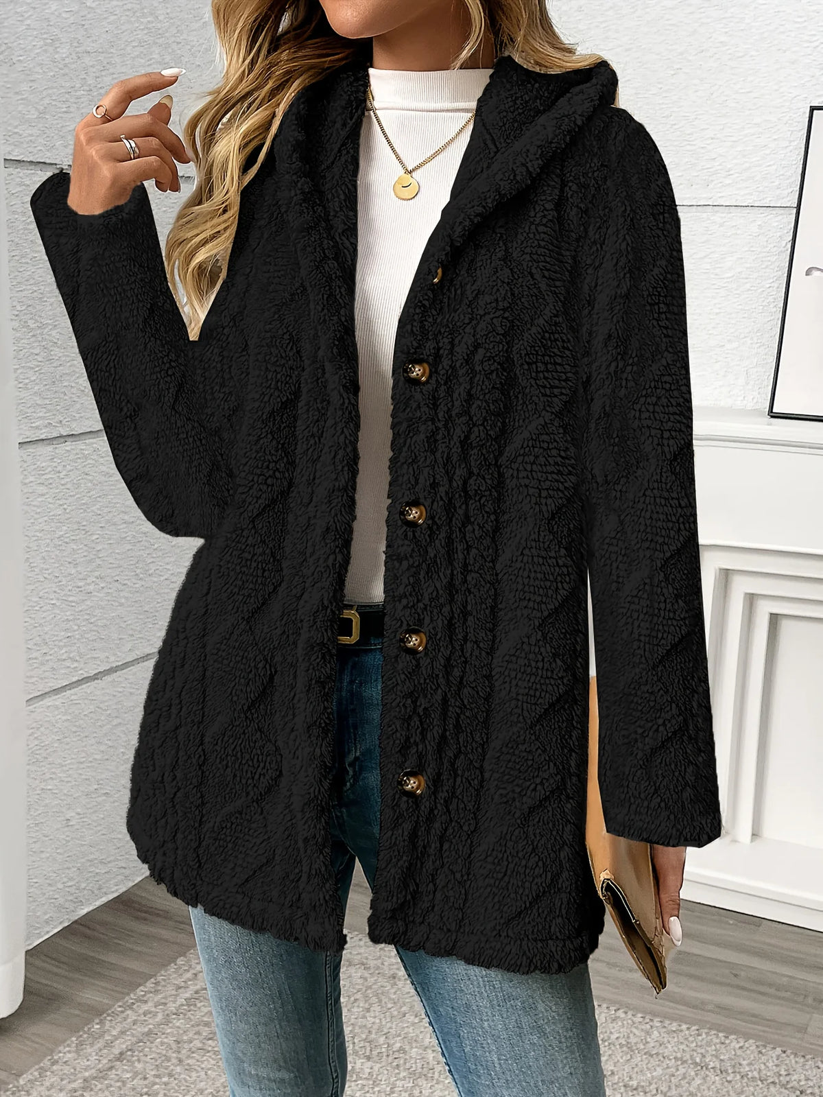 Women's black textured hooded jacket for chilly autumn and winter days