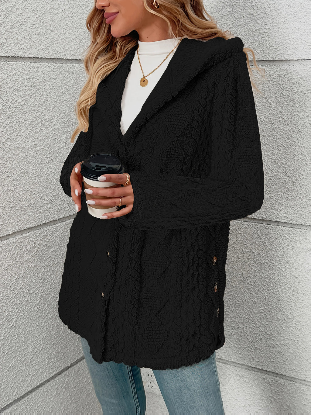 Women's black textured hooded jacket for chilly autumn and winter days
