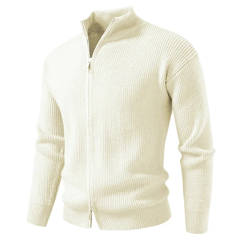 Men's beige textured zip cardigan for chilly autumn and winter days