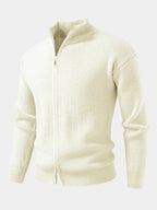 Men's beige textured zip cardigan for chilly autumn and winter days