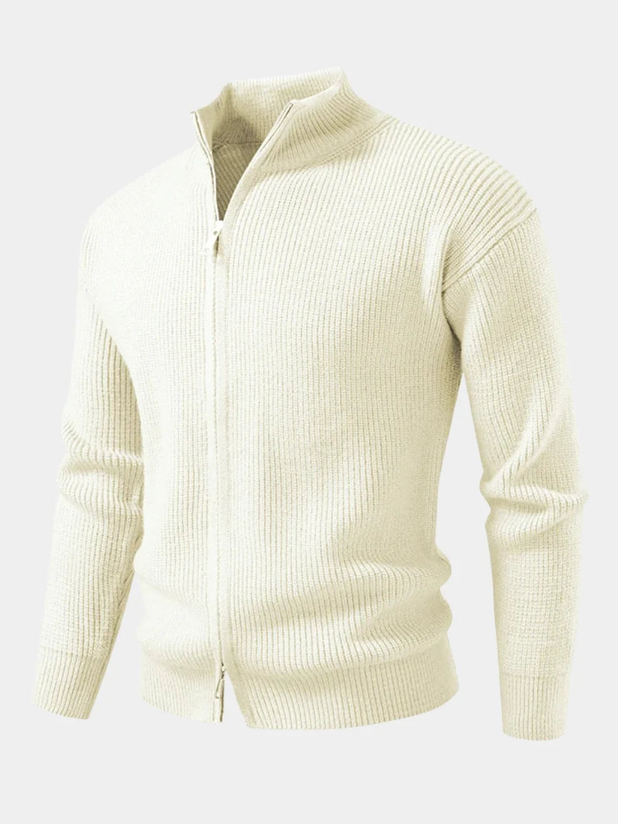Men's beige textured zip cardigan for chilly autumn and winter days