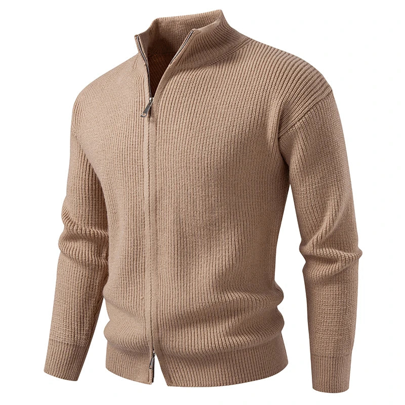 Men's brown textured zip cardigan for chilly autumn and winter days