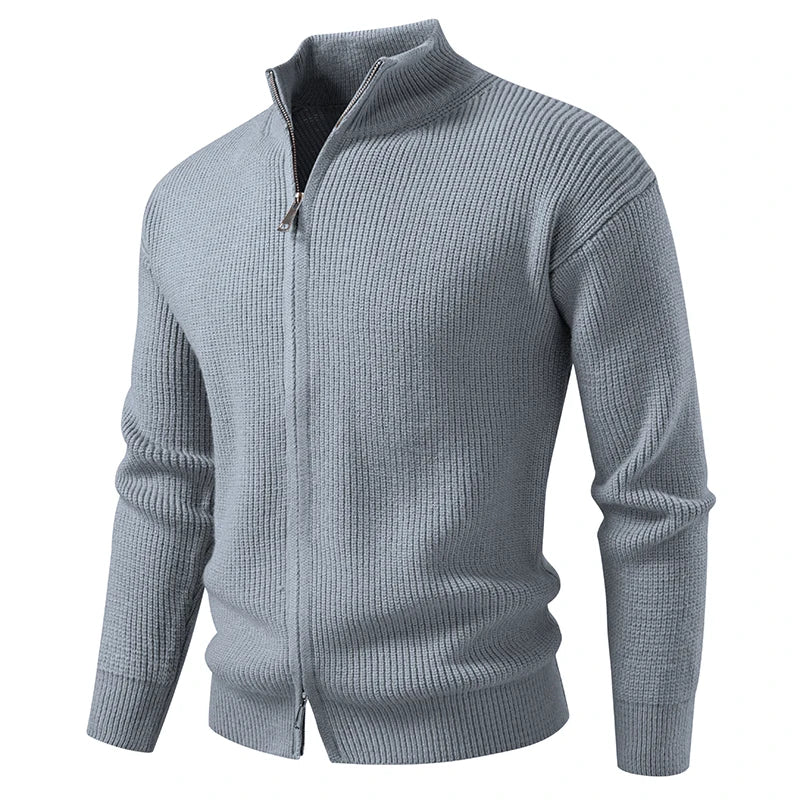 Men's brown textured zip cardigan for chilly autumn and winter days