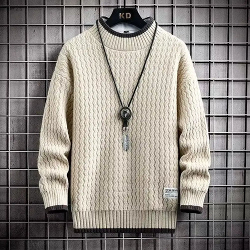 Men's beige crew neck knit sweater for chilly autumn and winter days