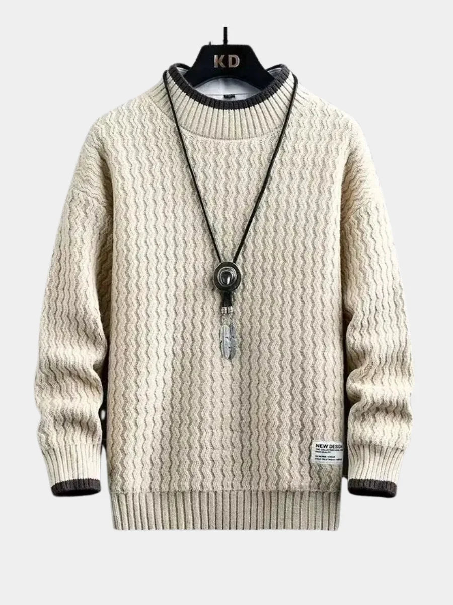 Men's beige crew neck knit sweater for chilly autumn and winter days