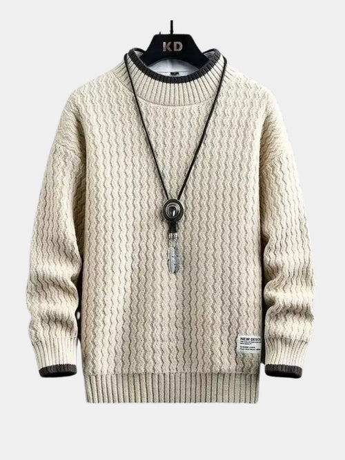 Men's beige crew neck knit sweater for chilly autumn and winter days