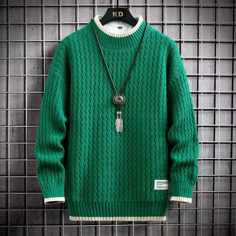 Men's green crew neck knit sweater for chilly autumn and winter days