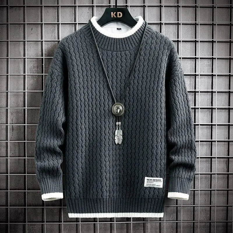 Men's grey crew neck knit sweater for chilly autumn and winter days
