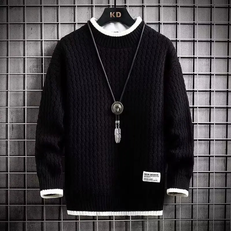Men's black crew neck knit sweater for chilly autumn and winter days
