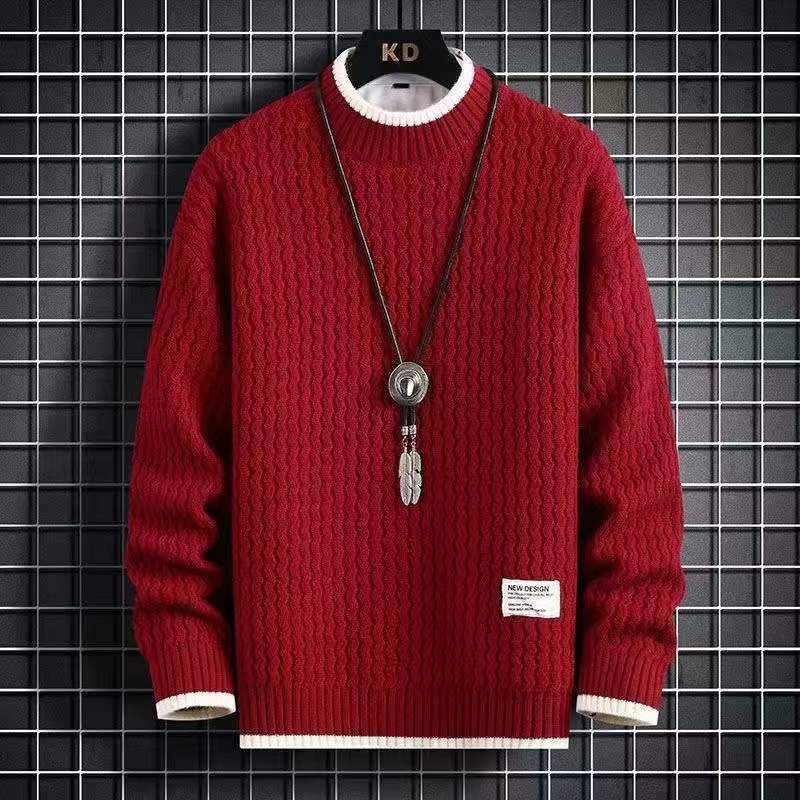 Men's red crew neck knit sweater for chilly autumn and winter days