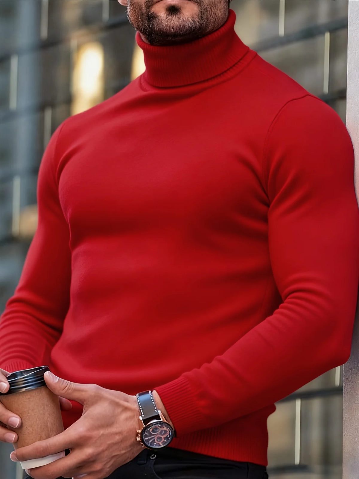 Men's red turtleneck sweater to wear throughout autumn and winter
