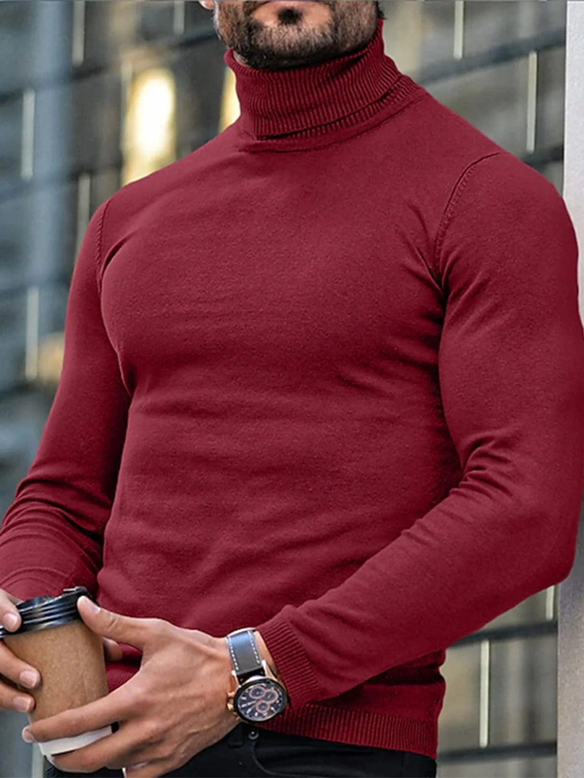 Men's burgundy turtleneck sweater to wear throughout autumn and winter