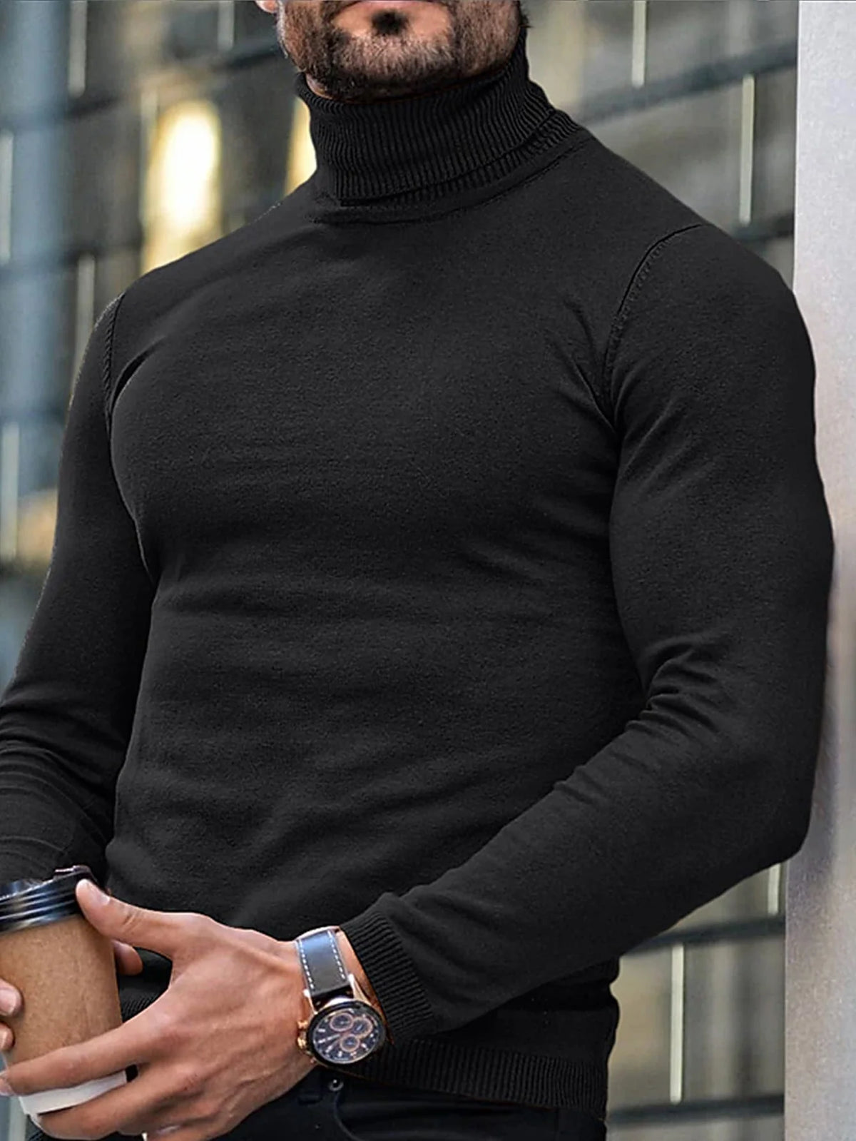 Men's black turtleneck sweater to wear throughout autumn and winter