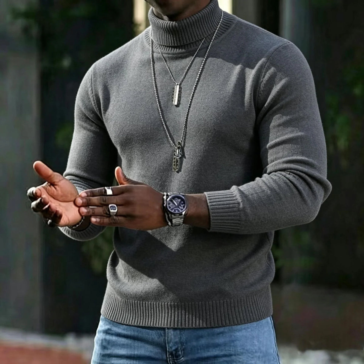Men's khaki turtleneck sweater to wear throughout autumn and winter