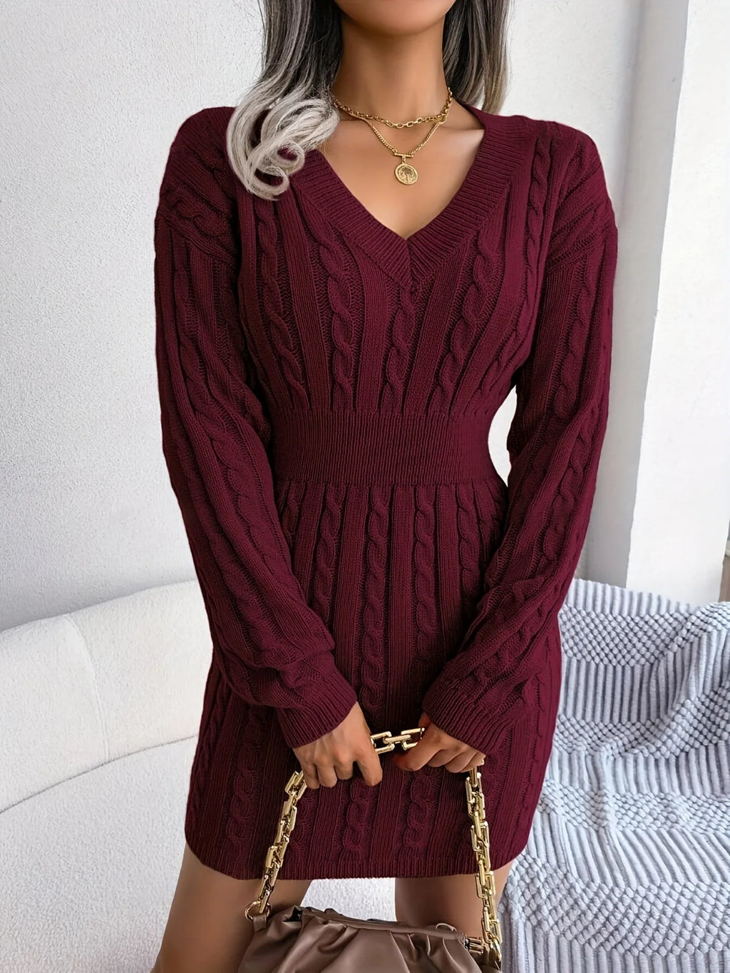 Women's black cable knit cinched-waist sweater dress