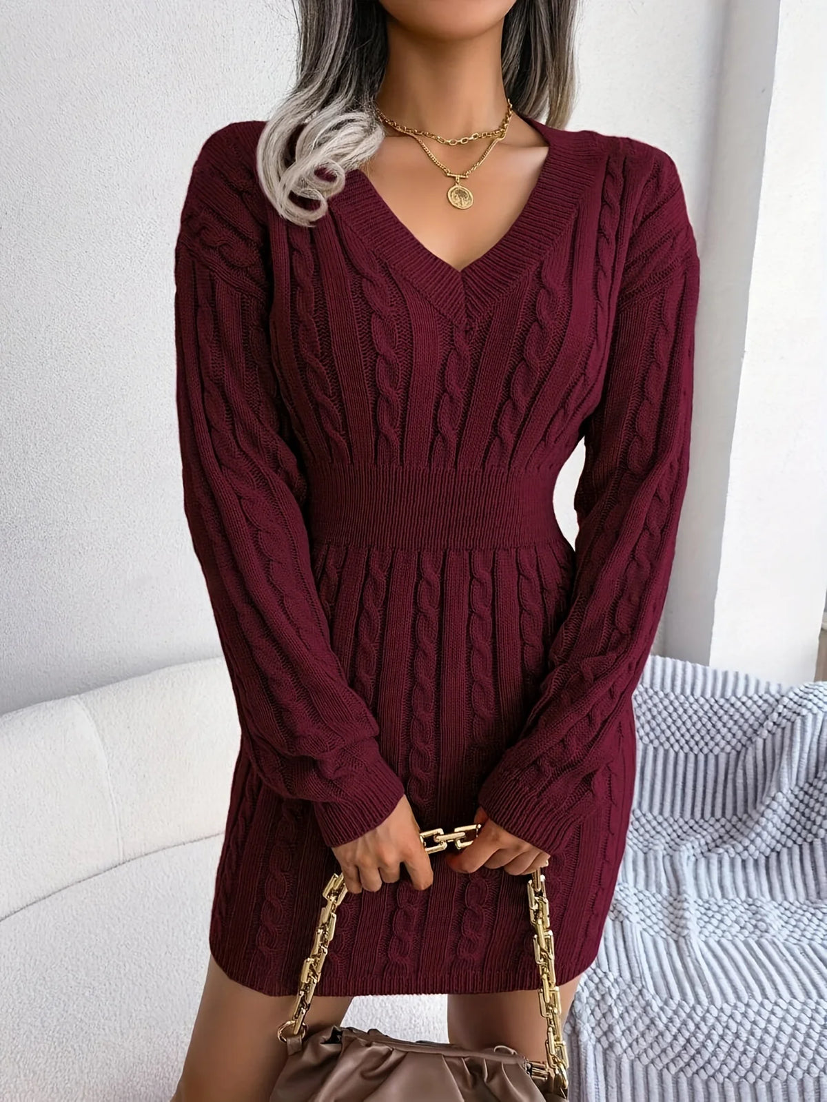 Women's black cable knit cinched-waist sweater dress