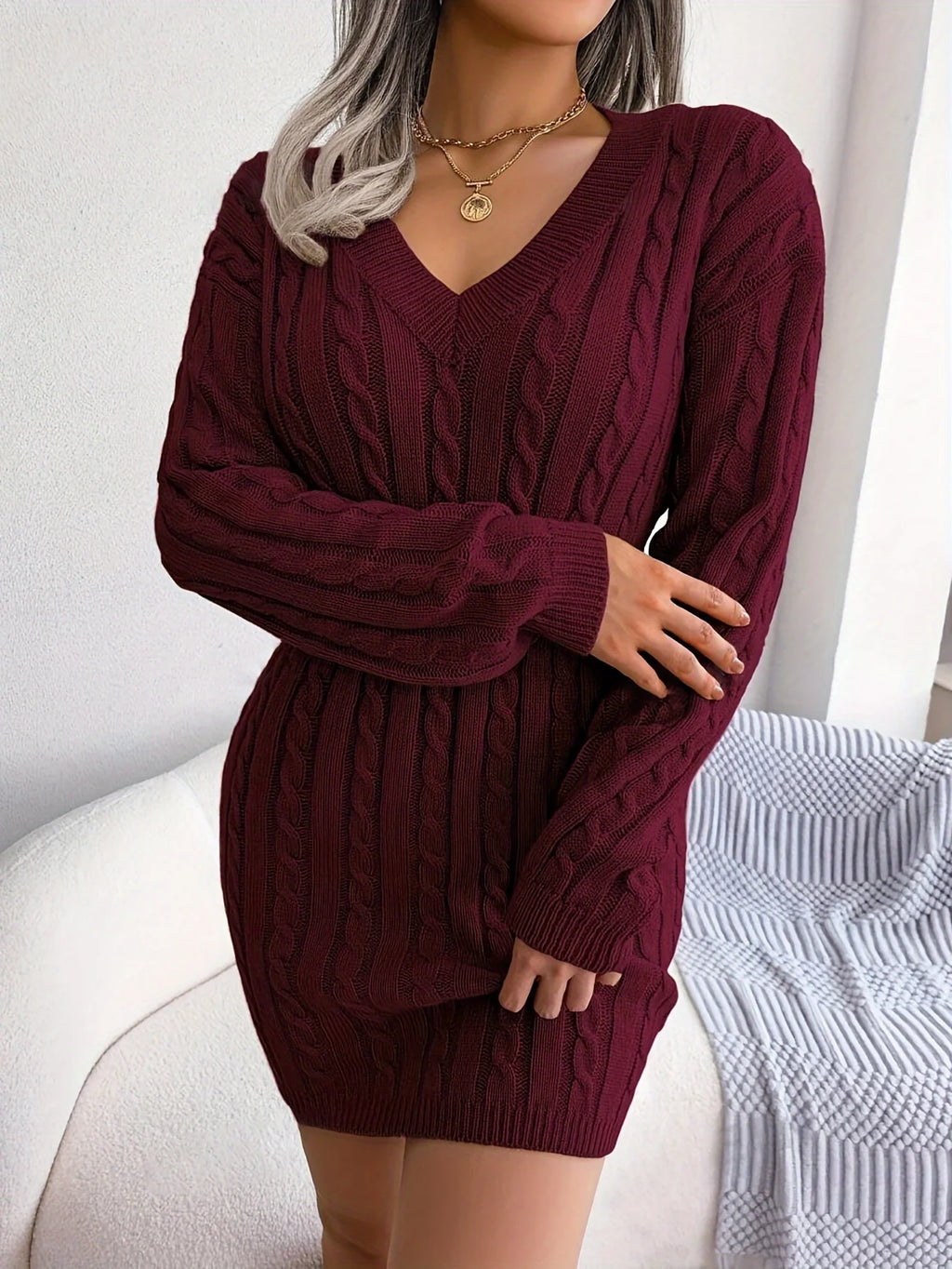Women's light grey cable knit cinched-waist sweater dress