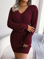 Women's light grey cable knit cinched-waist sweater dress