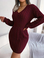 Women's camel cable knit cinched-waist sweater dress