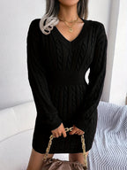 Women's black cable knit cinched-waist sweater dress