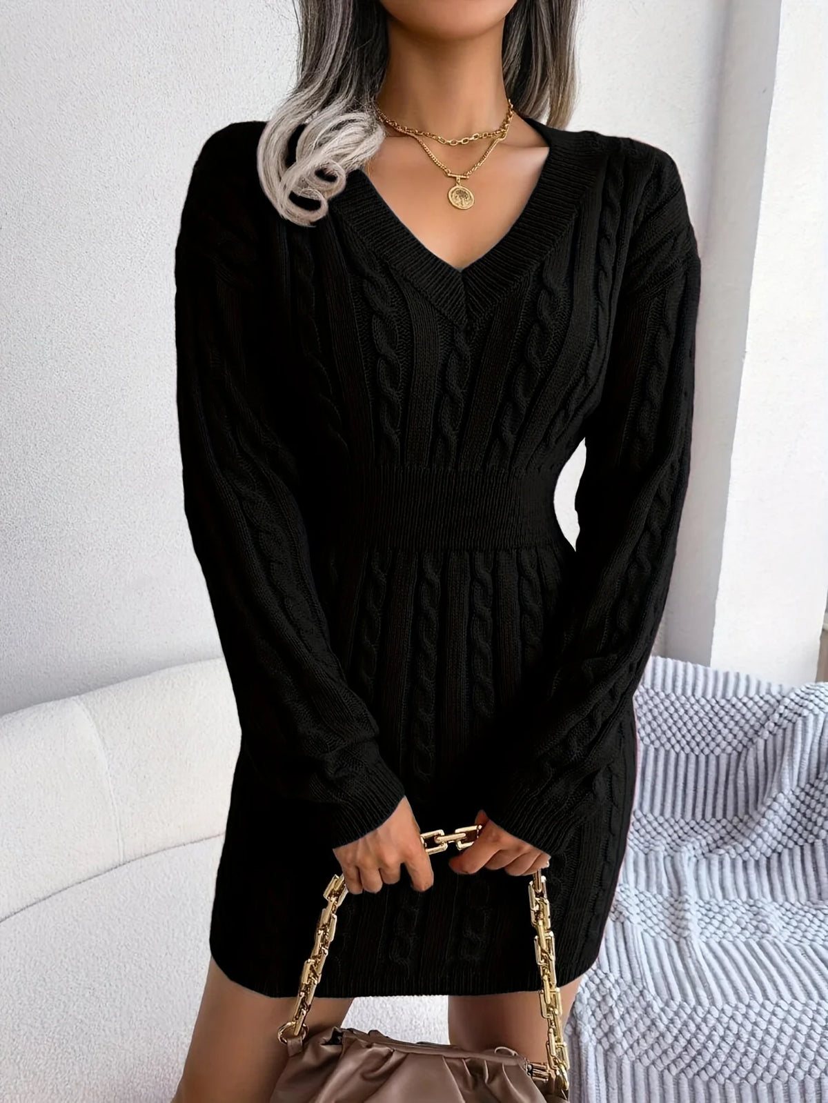 Women's black cable knit cinched-waist sweater dress