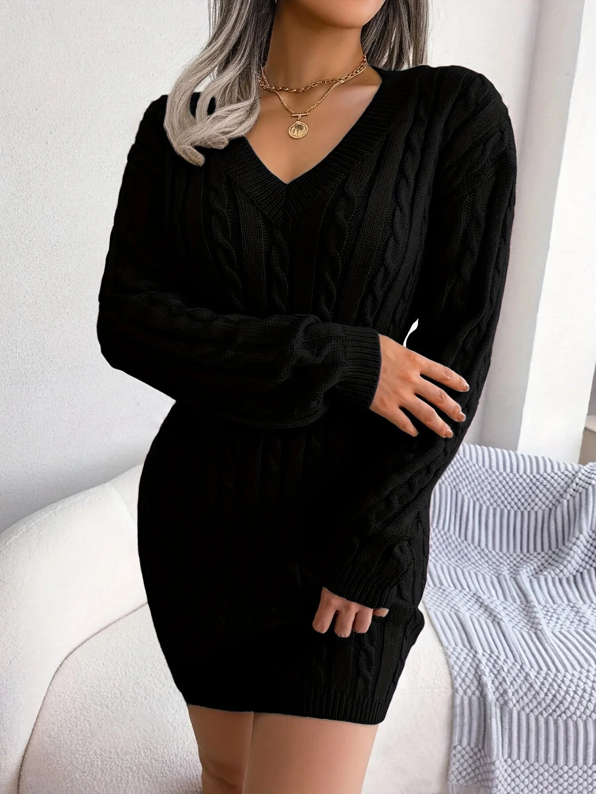 Women's light grey cable knit cinched-waist sweater dress