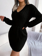 Women's camel cable knit cinched-waist sweater dress