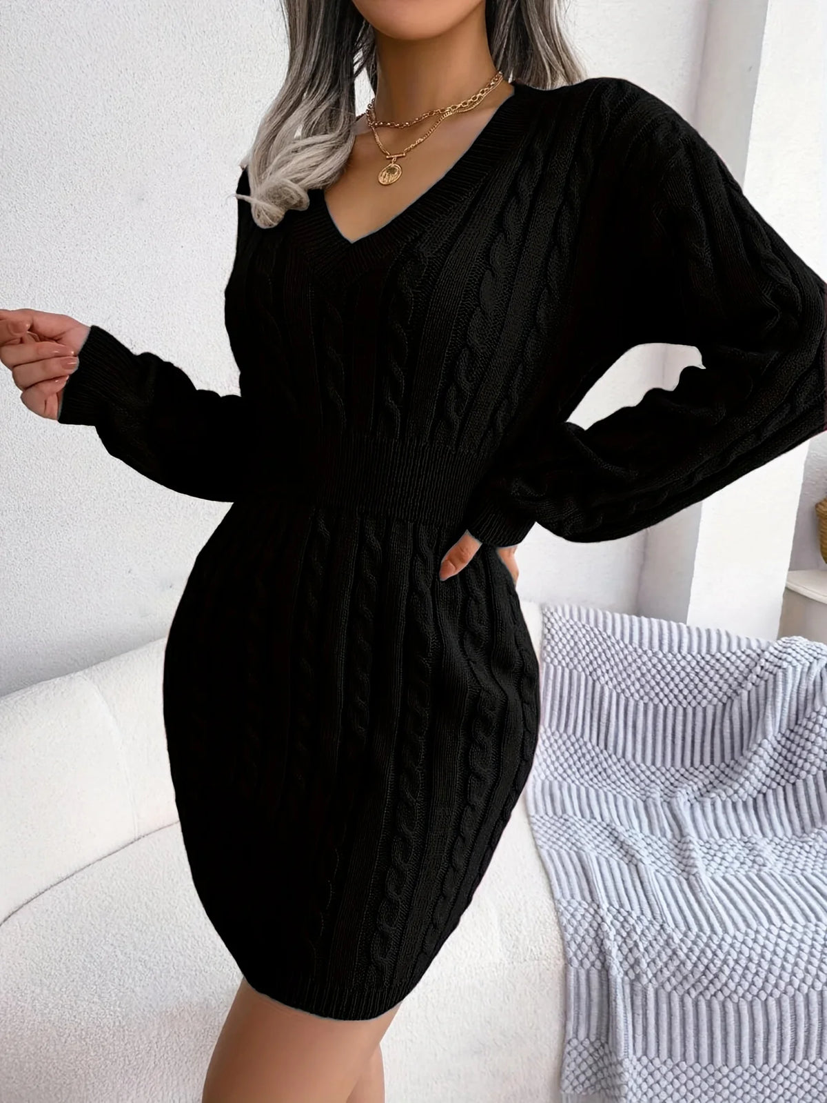 Women's camel cable knit cinched-waist sweater dress