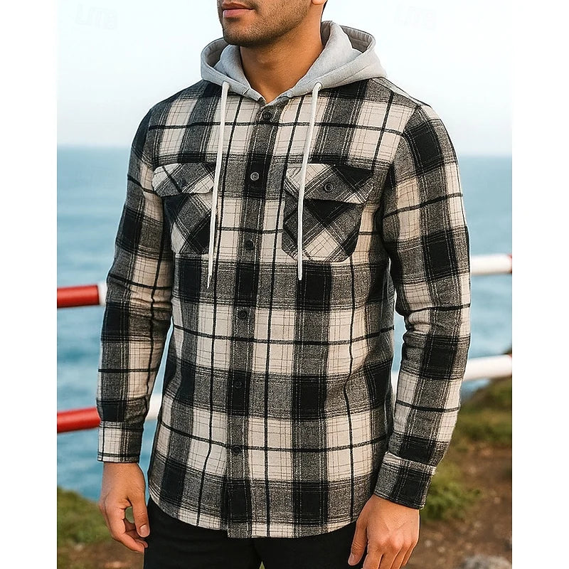 Men's black hooded checked shirt jacket for everyday winter wear