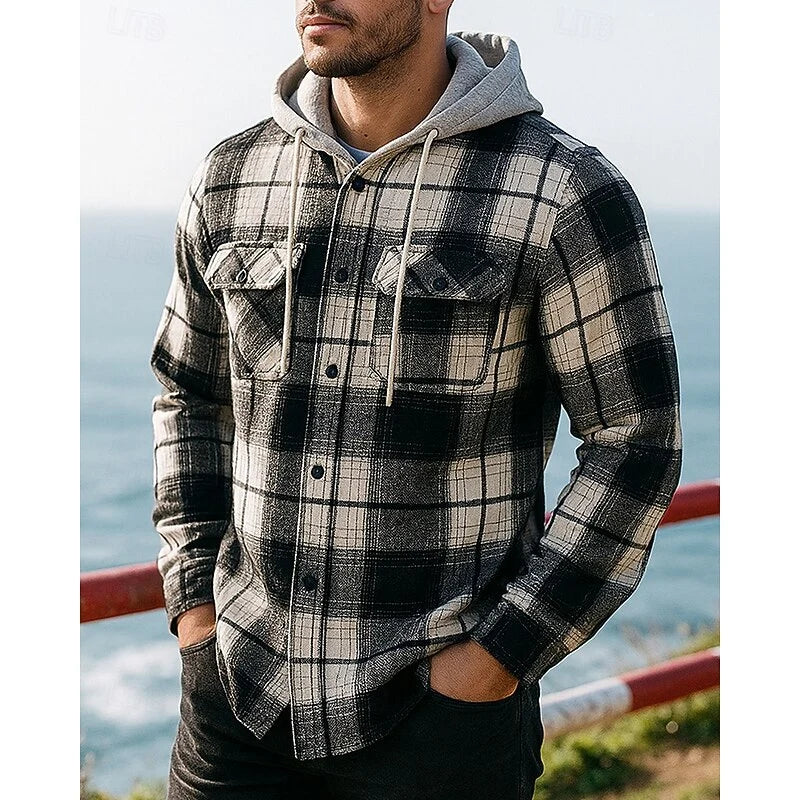 Men's black hooded checked shirt jacket for everyday winter wear