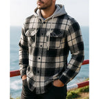 Men's black hooded checked shirt jacket for everyday winter wear